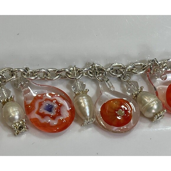 MURANO Glass Red & Green Fresh Water Pearl Charm Bracelet 7in - Picture 7 of 9